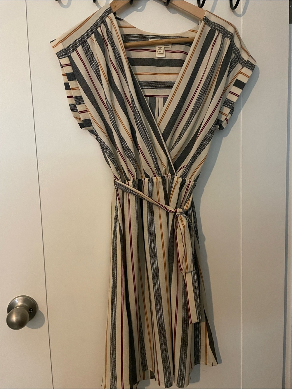 Monteau  Cream Striped Wrap Dress with Black, Mustard & Burgundy Accents